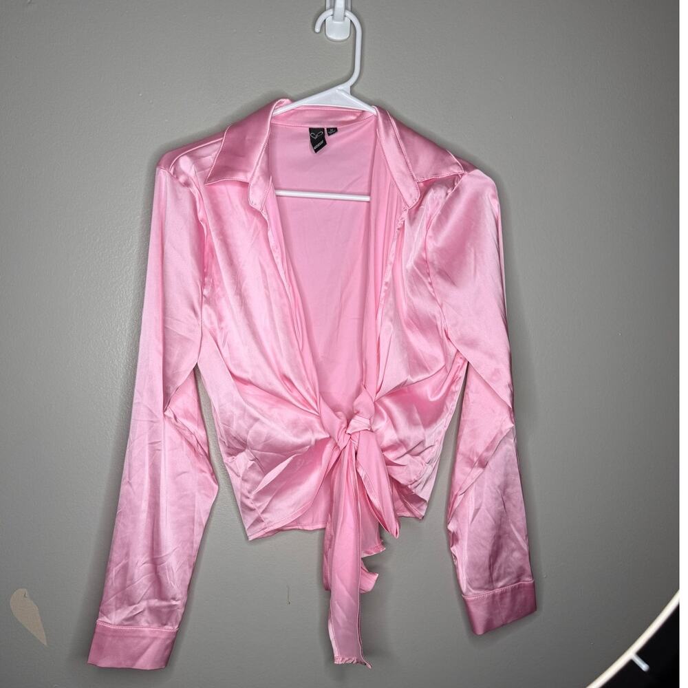 Pink Satin Tie-Front Blouse | Windsor | Y2K Inspired Going Out Top - Picture 2 of 6
